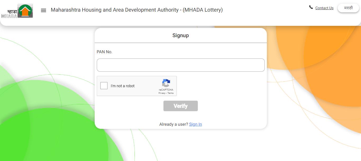 MHADA Lottery Sign Up Page