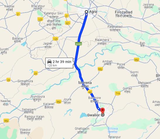 Agra to Gwalior Route Map